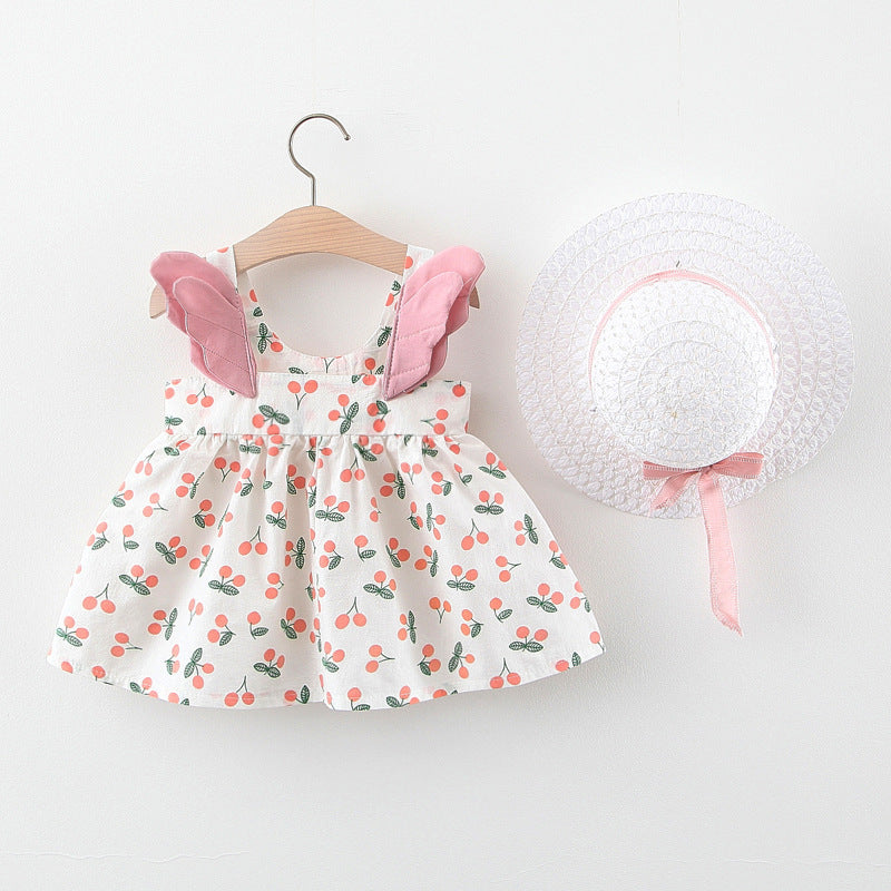 Sommerliches 2in1 Set Mädchenkleid mit Kirschmuster im Koreanischen Stil inkl. Strohhut