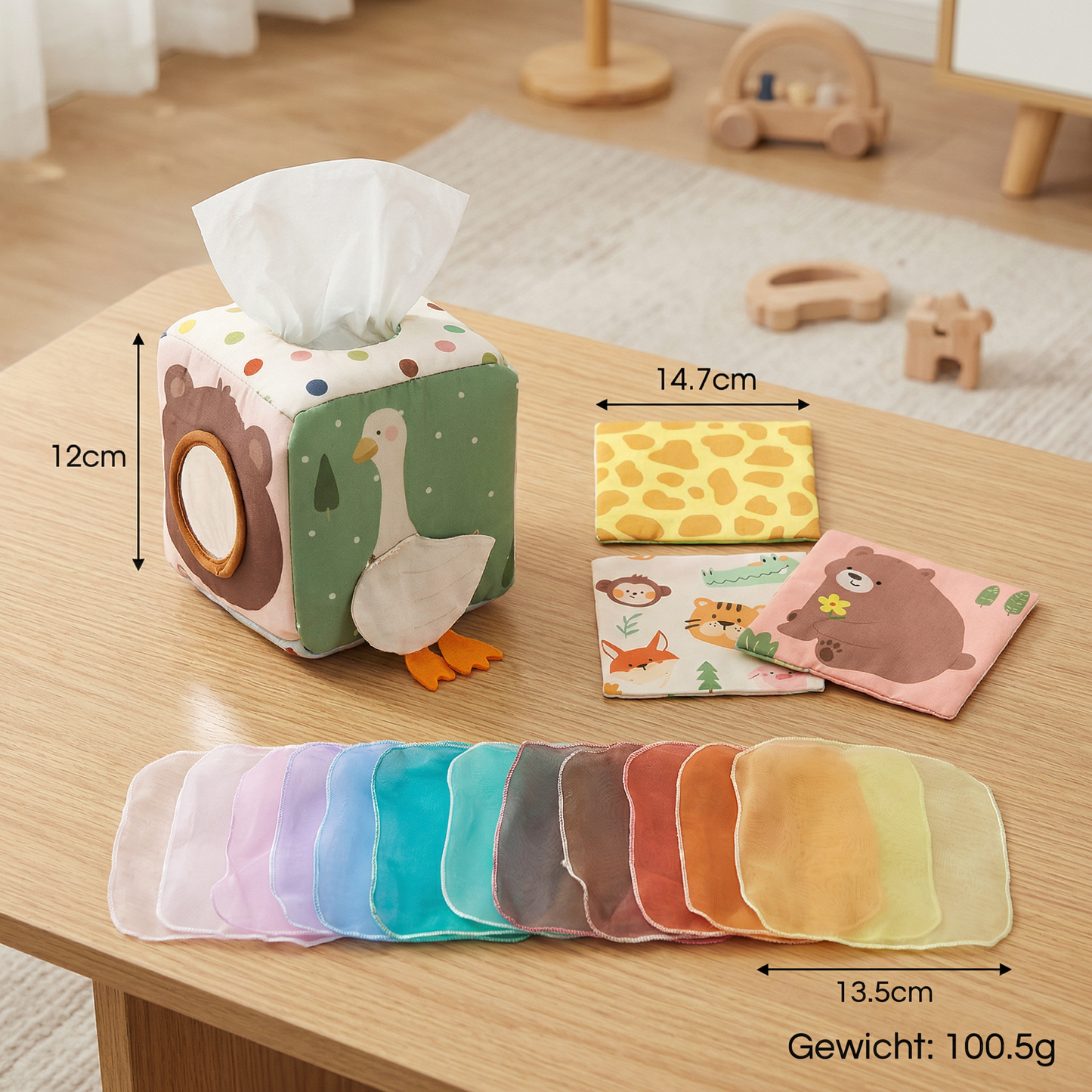 Montessori Baby Sensorik-Tücherbox – Weiches Knister- & Fühlspiel