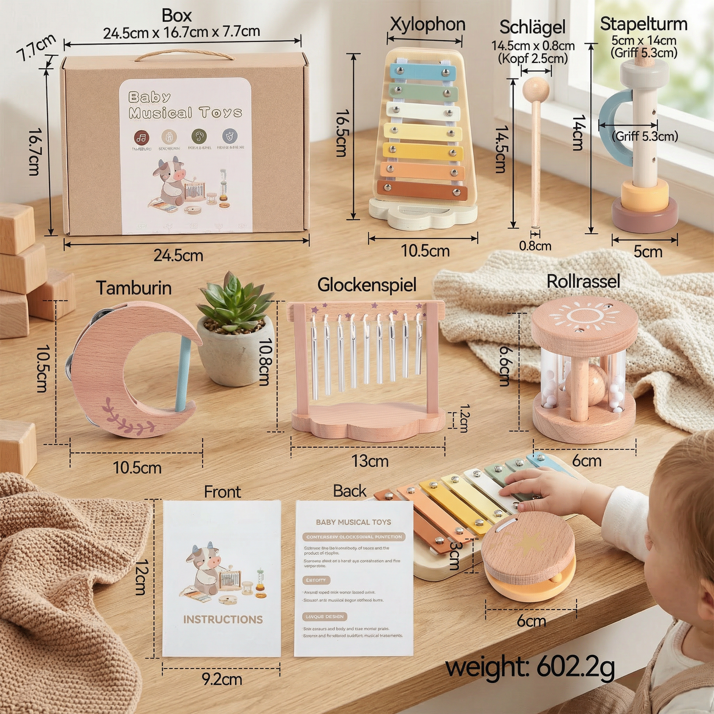 Baby Holz-Klangspiel Set – 6-teiliges sensorisches Musik- & Klangspielzeug