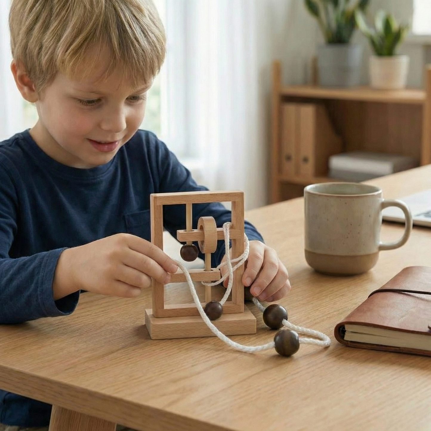 Handgemachtes Holz-IQ-Puzzle mit Seil – Denkspiel für die ganze Familie