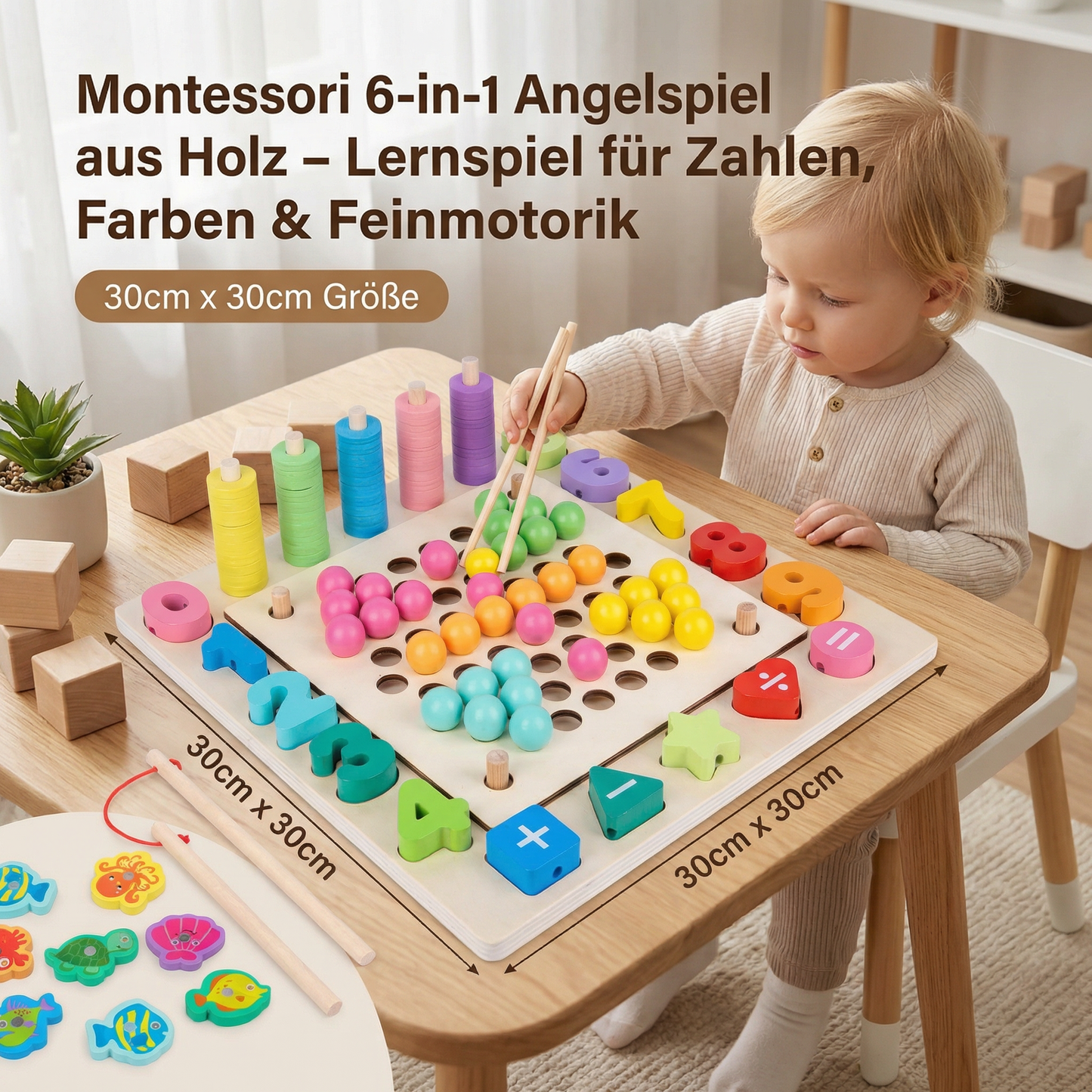 Montessori 6-in-1 Angelspiel aus Holz – Lernspiel für Zahlen, Farben & Feinmotorik