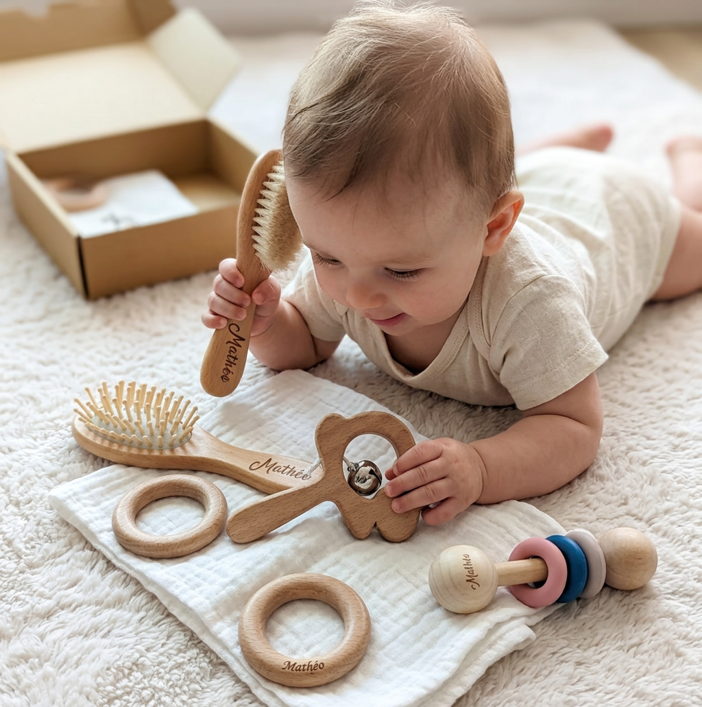 Personalisiertes 6-teiliges Geschenkset aus Holz & Musselin – Beißringe, Rasseln, Haarbürsten & Kuscheltuch mit Namen