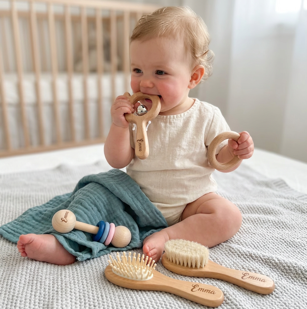 Personalisiertes 6-teiliges Geschenkset aus Holz & Musselin – Beißringe, Rasseln, Haarbürsten & Kuscheltuch mit Namen