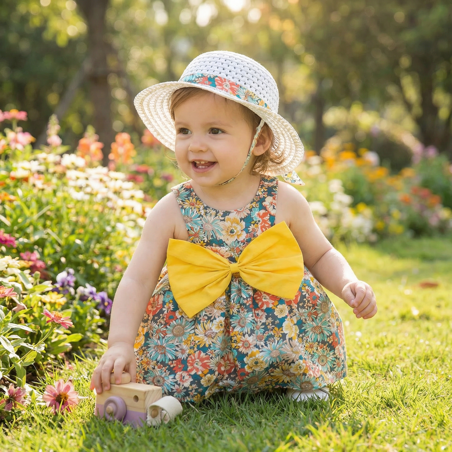 Sommerliches 2in1 Set - Armelloses Mädchenkleid mit Schleife und Hut mit Blumenmuster aus Baumwolle