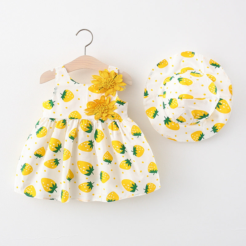 Sommerliches 2in1 Set Ärmelloses Mädchenkleid mit Erdbeer-Muster inkl. Hut