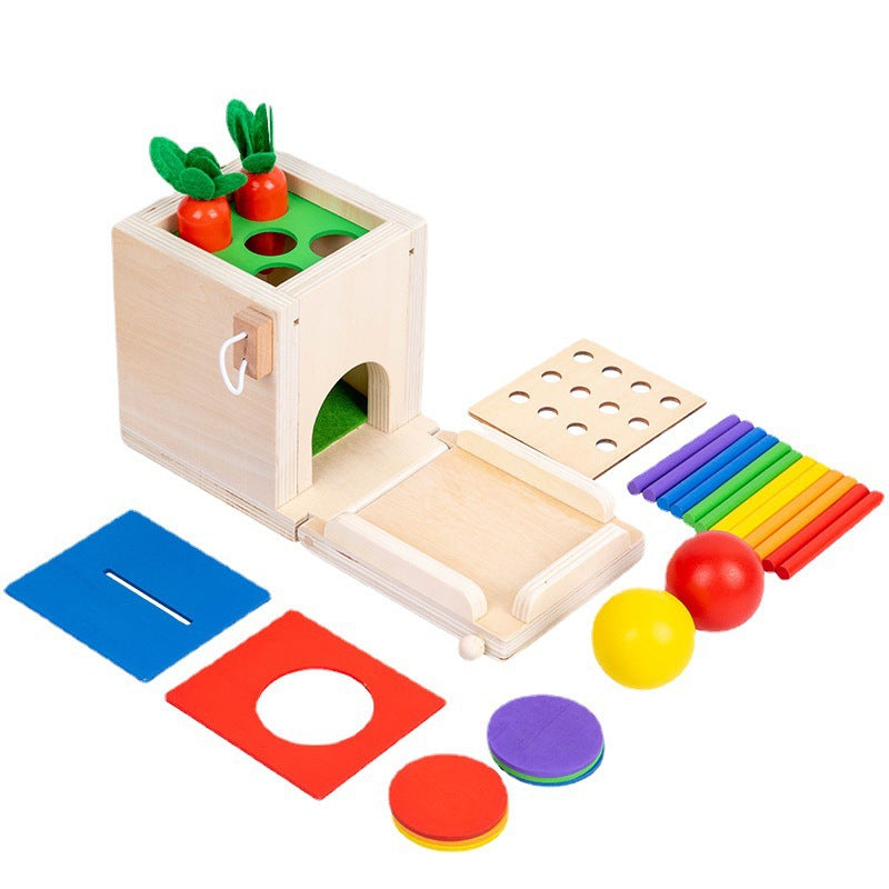 Montessori Holz Spielbox mit verschiedene Aufgaben und Lösungen