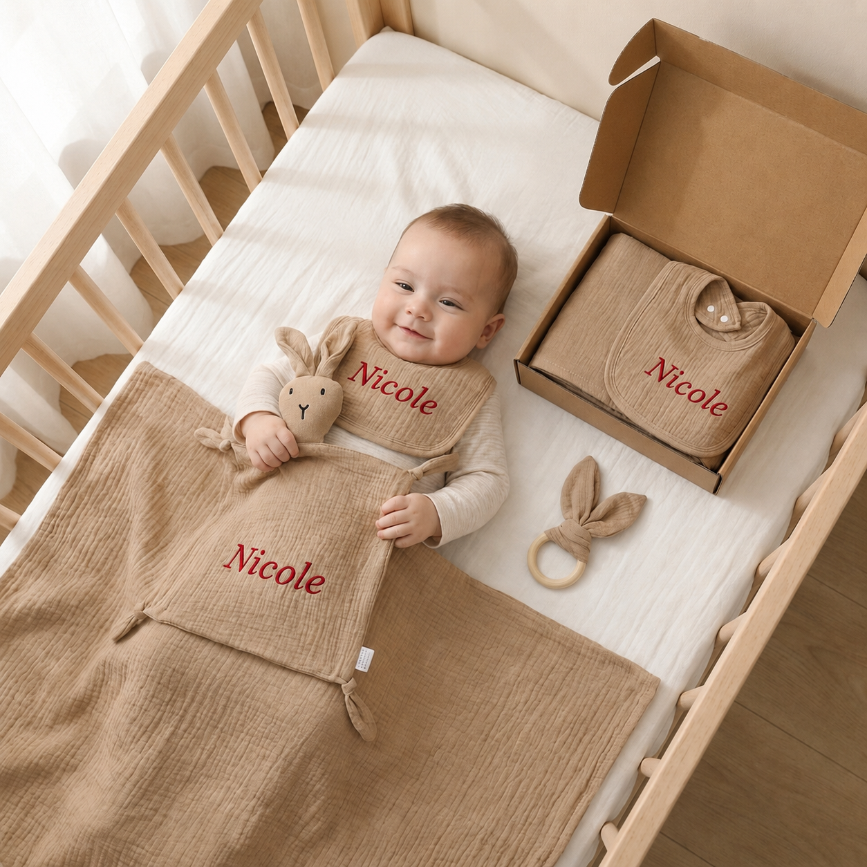 Personalisiertes 4-teiliges Neugeborenen Geschenkset – Musselin, Beißring & Lätzchen (100% Baumwolle)