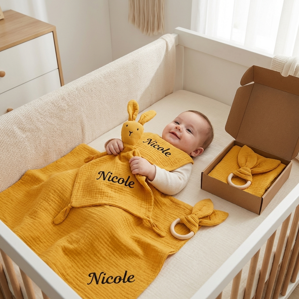 Personalisiertes 4-teiliges Neugeborenen Geschenkset – Musselin, Beißring & Lätzchen (100% Baumwolle)