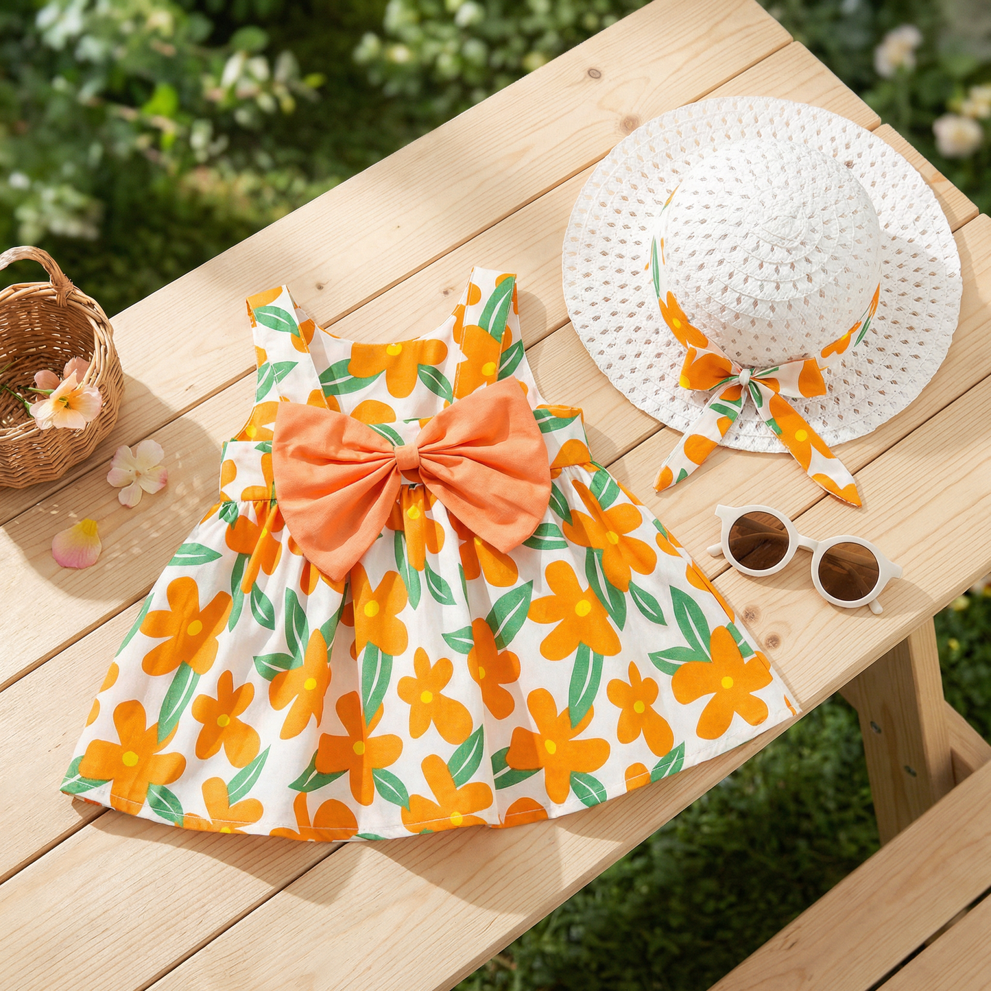 Sommerliches Trägerkleid Set für Baby- & Kleinkinder – Ärmelloses Kleid mit Schleife und Hut
