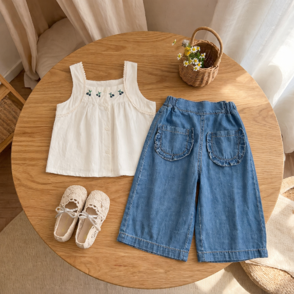 Sommerliches 2-teiliges Mädchen-Set – Ärmelloses Top mit Denim-Weitbein-Hose