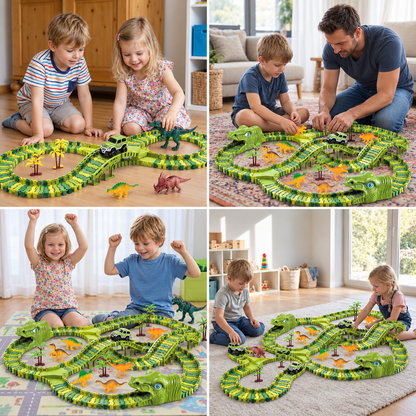 215-teiliges Dinosaurier-Rennstrecken-Set mit motorisierten Autos, Brücke & Dinosaurierfiguren