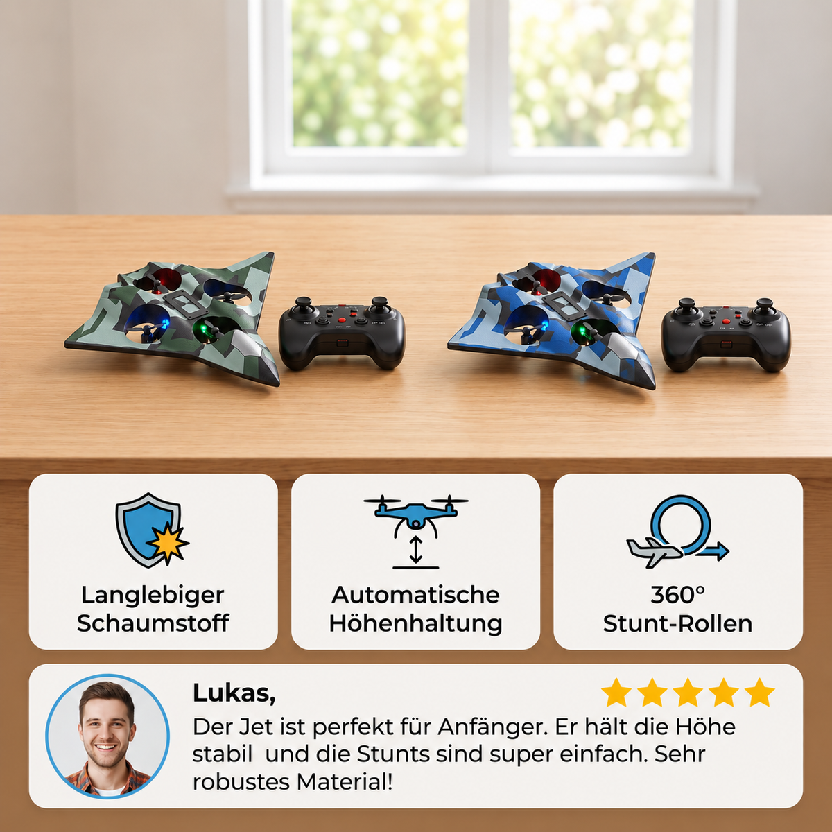 Robustes RC-Kampfflugzeug aus Schaumstoff mit Höhenhaltefunktion & 360°-Stuntrollen
