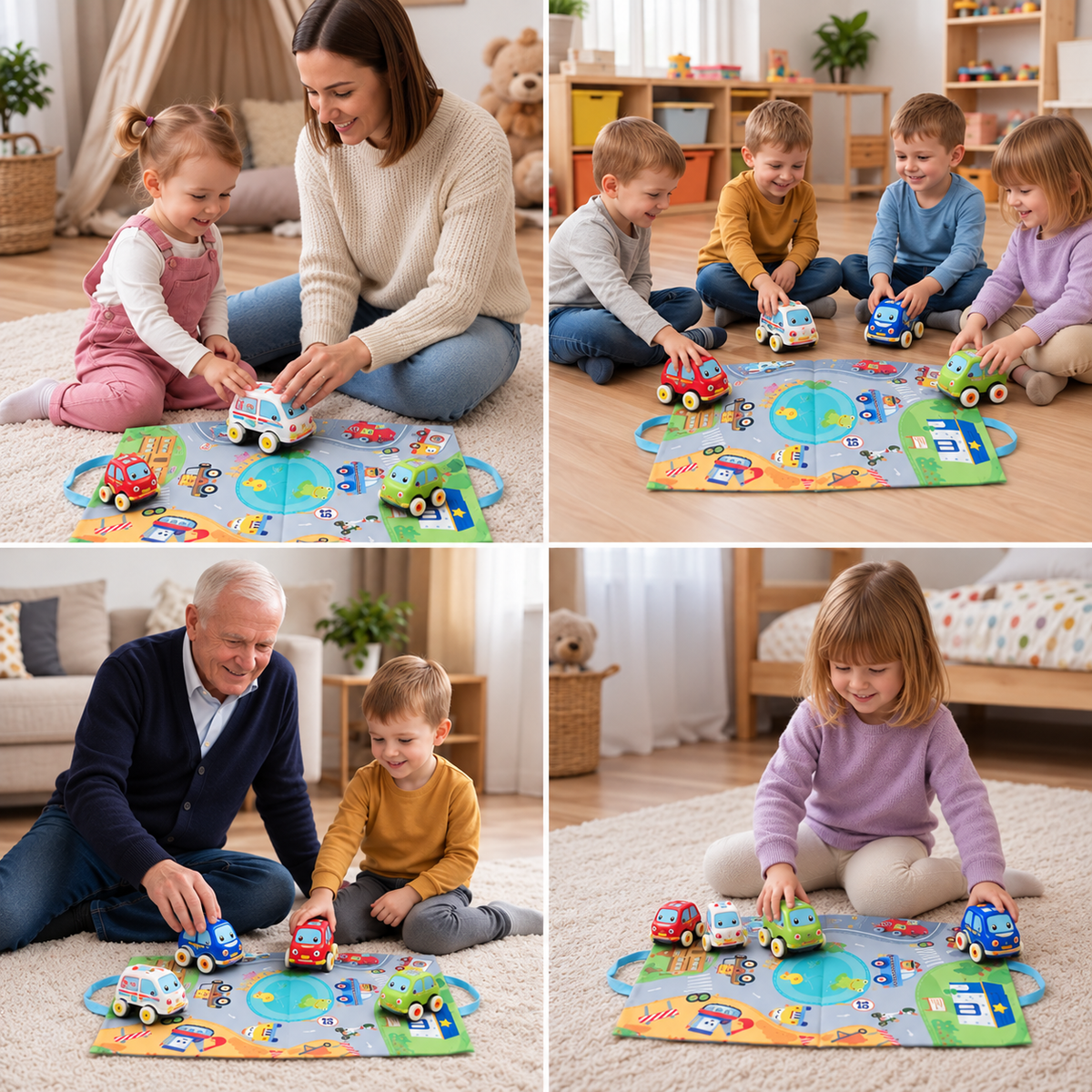 Weiches Plüsch-Rückziehauto-Set mit 2-in-1 Spielmatte & Aufbewahrungstasche
