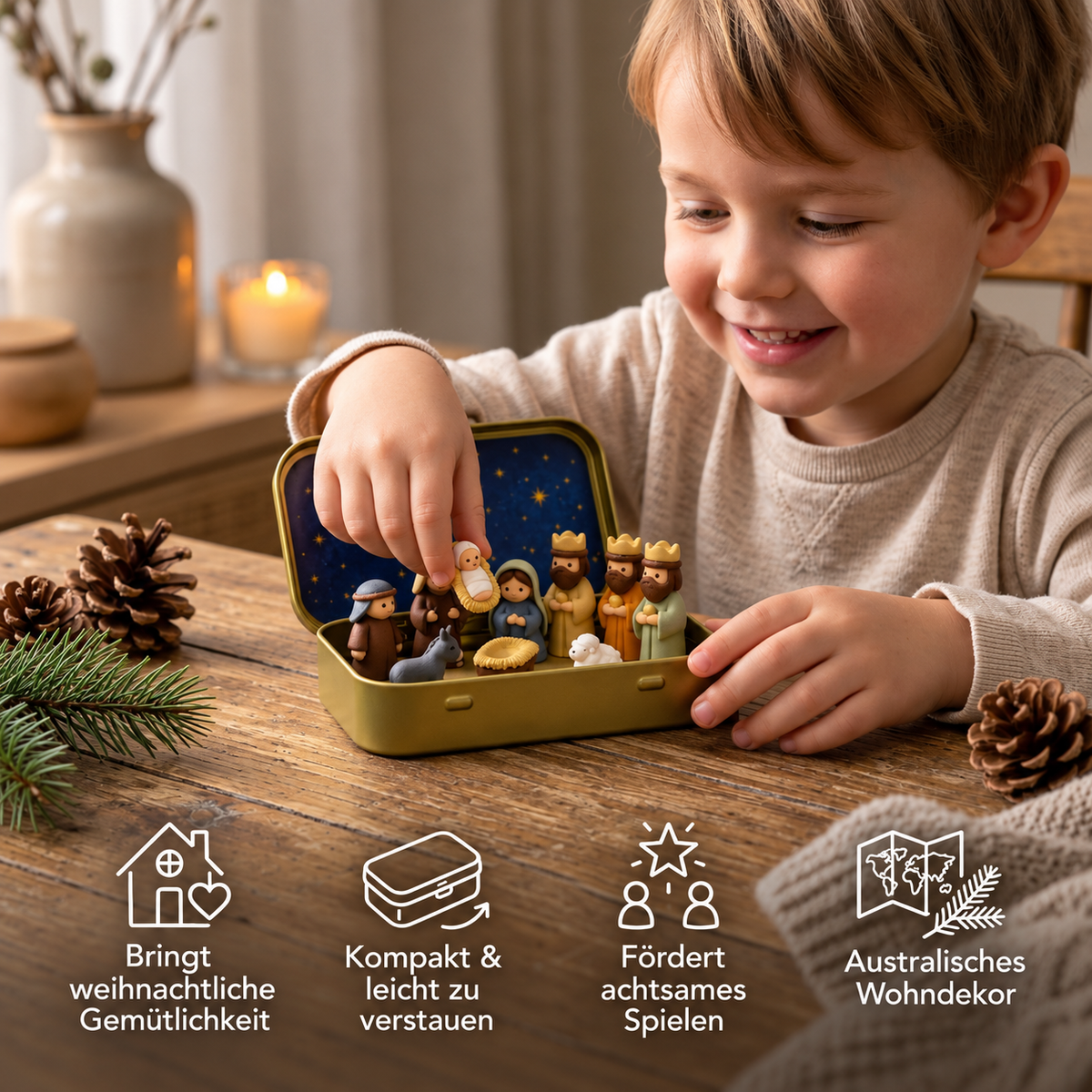 Mini-Weihnachtskrippe in einer Box – Handbemaltes Weihnachtsfiguren-Set