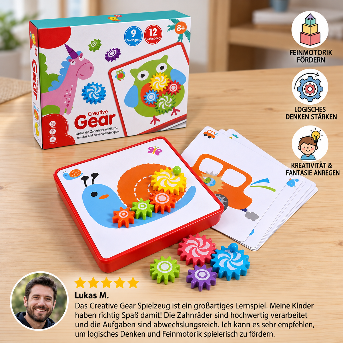 Kreative Zahnrad-Puzzle-Reisebox mit Aktivitätskarten für Kinder