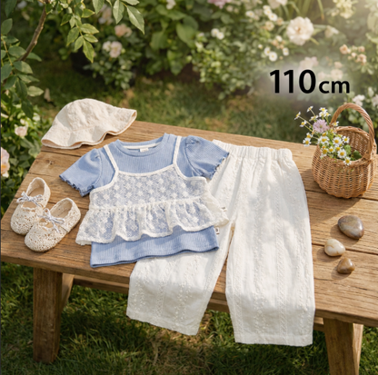 Süßes 3-teiliges Baby-Mädchen Set für Frühling & Sommer – Kurzarm Oberteil mit Spitze, Hose & Outfit