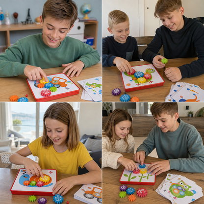 Kreative Zahnrad-Puzzle-Reisebox mit Aktivitätskarten für Kinder