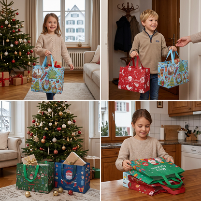 Wiederverwendbare Weihnachts-Geschenktaschen mit Griffen – Verschiedene festliche Designs