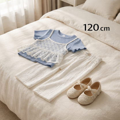 Süßes 3-teiliges Baby-Mädchen Set für Frühling & Sommer – Kurzarm Oberteil mit Spitze, Hose & Outfit
