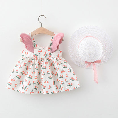 Sommerliches 2in1 Set Mädchenkleid mit Kirschmuster im Koreanischen Stil inkl. Strohhut