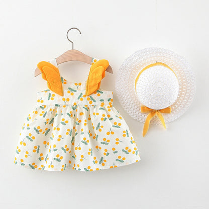 Sommerliches 2in1 Set Mädchenkleid mit Kirschmuster im Koreanischen Stil inkl. Strohhut