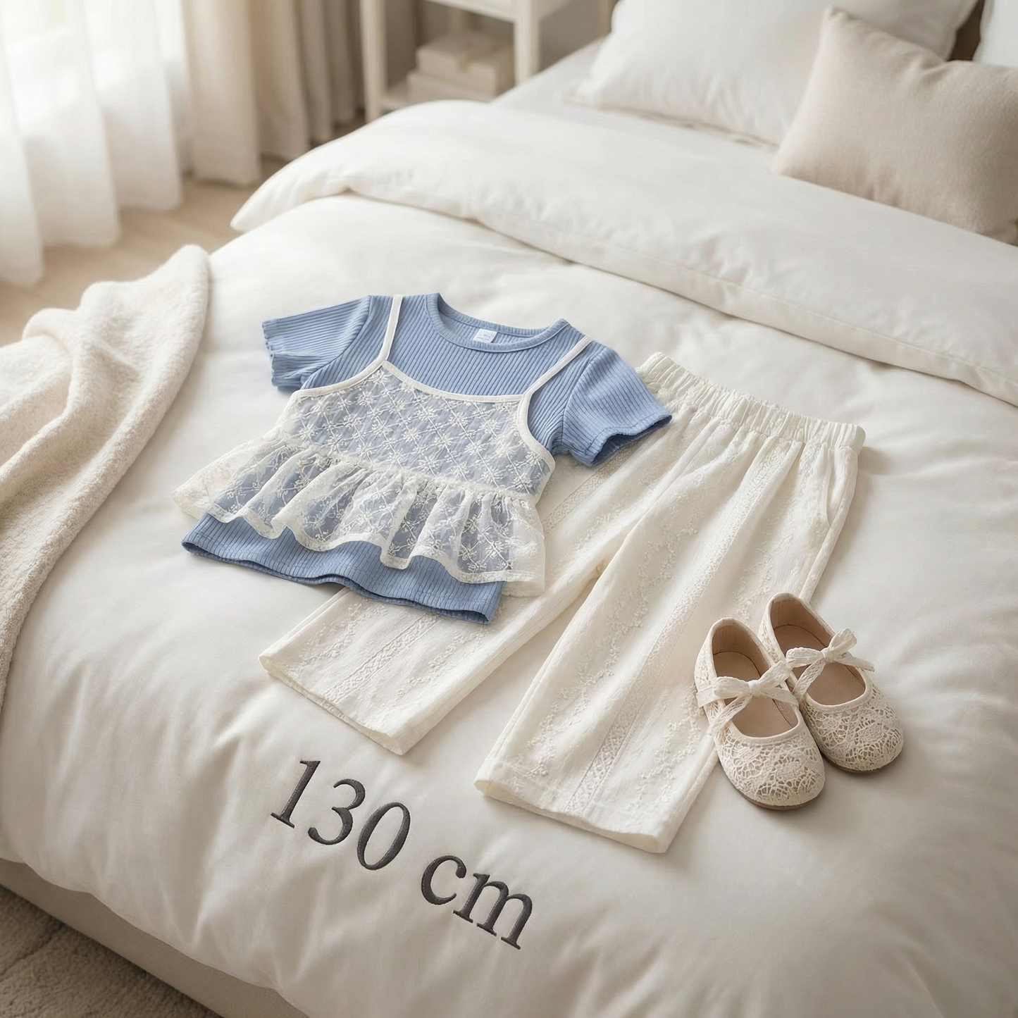 Süßes 3-teiliges Baby-Mädchen Set für Frühling & Sommer – Kurzarm Oberteil mit Spitze, Hose & Outfit