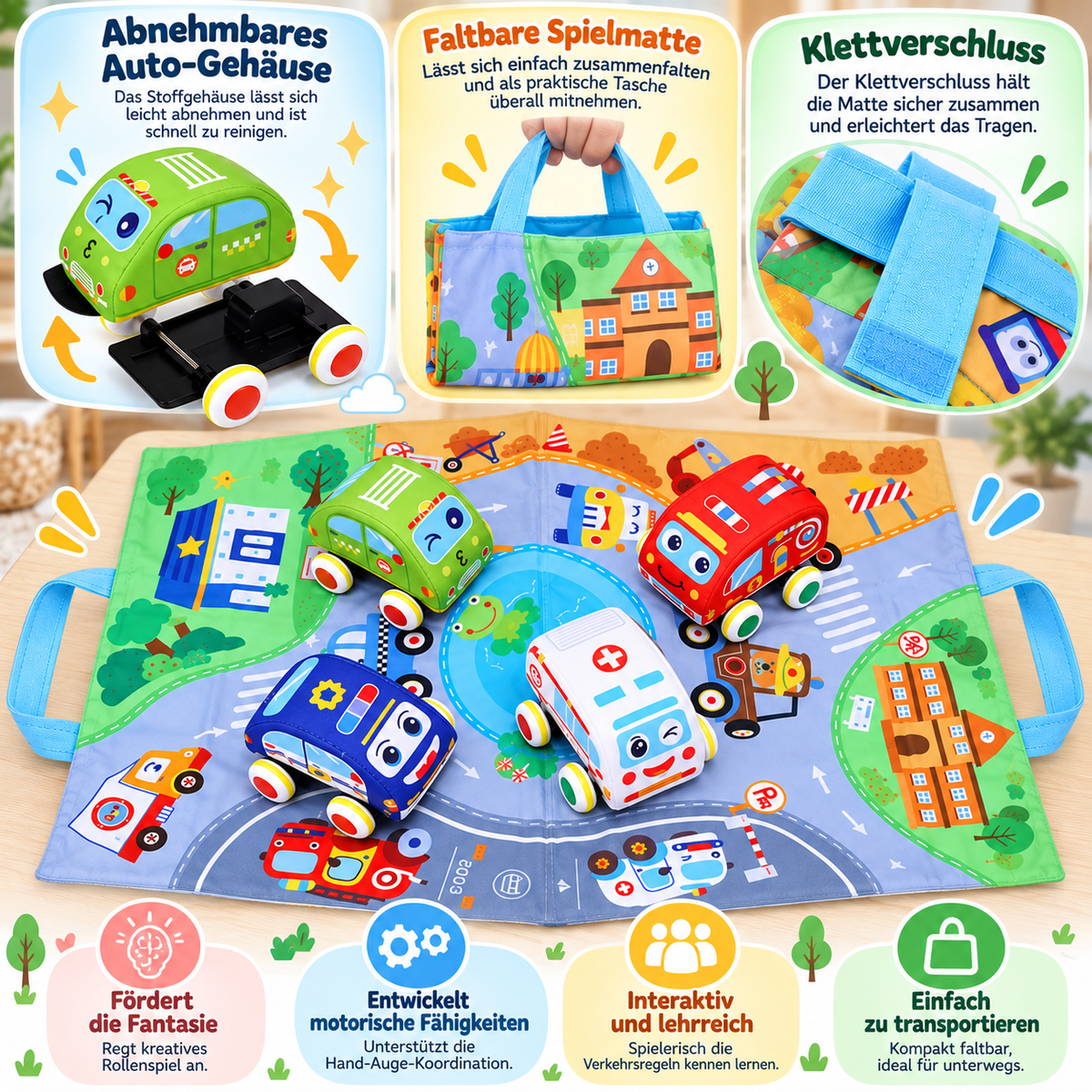 Weiches Plüsch-Rückziehauto-Set mit 2-in-1 Spielmatte & Aufbewahrungstasche