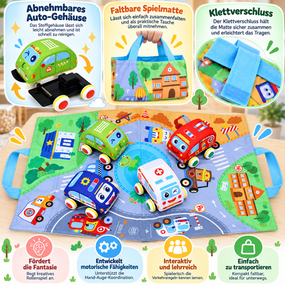 Weiches Plüsch-Rückziehauto-Set mit 2-in-1 Spielmatte & Aufbewahrungstasche