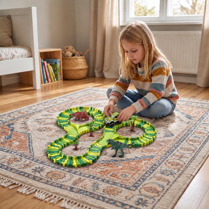 215-teiliges Dinosaurier-Rennstrecken-Set mit motorisierten Autos, Brücke & Dinosaurierfiguren