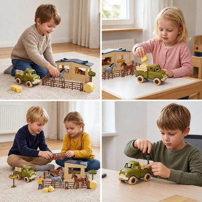 DIY zerlegbares Bauernhof-LKW- & Pferdestall-Spielset für Kinder