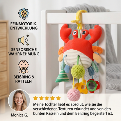 Krabben-Aktivitätsspielzeug für Babys mit Zugschnur, Rassel & Beißring