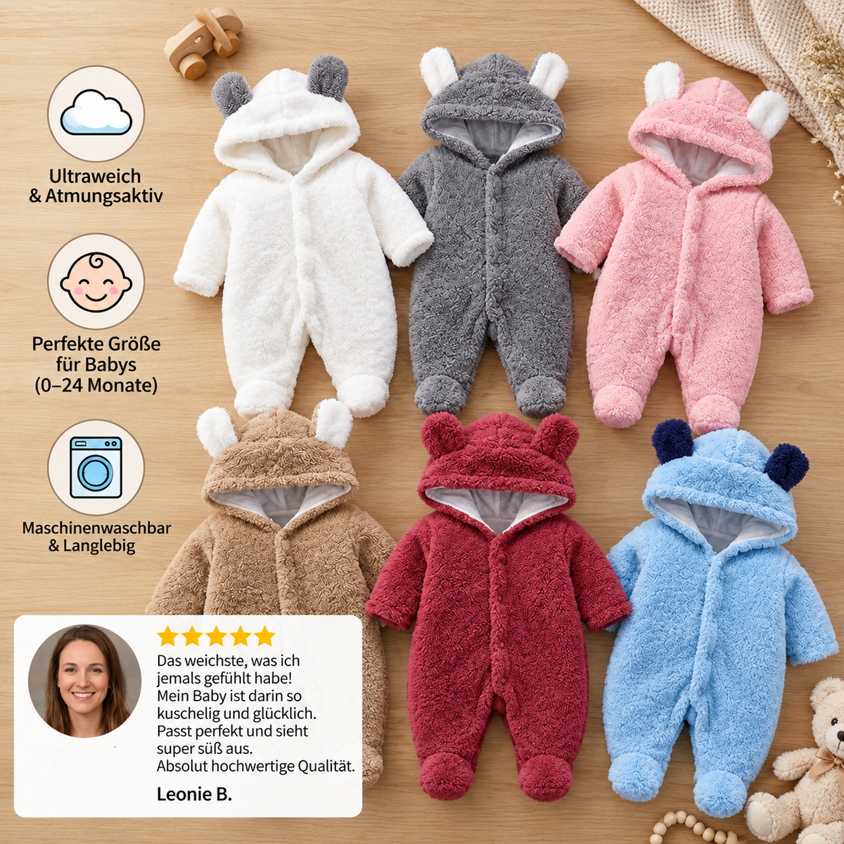 Weicher & kuscheliger Baby-Bären-Overall mit Kapuze