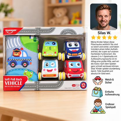 Weiches Plüsch-Rückziehauto-Set mit 2-in-1 Spielmatte & Aufbewahrungstasche