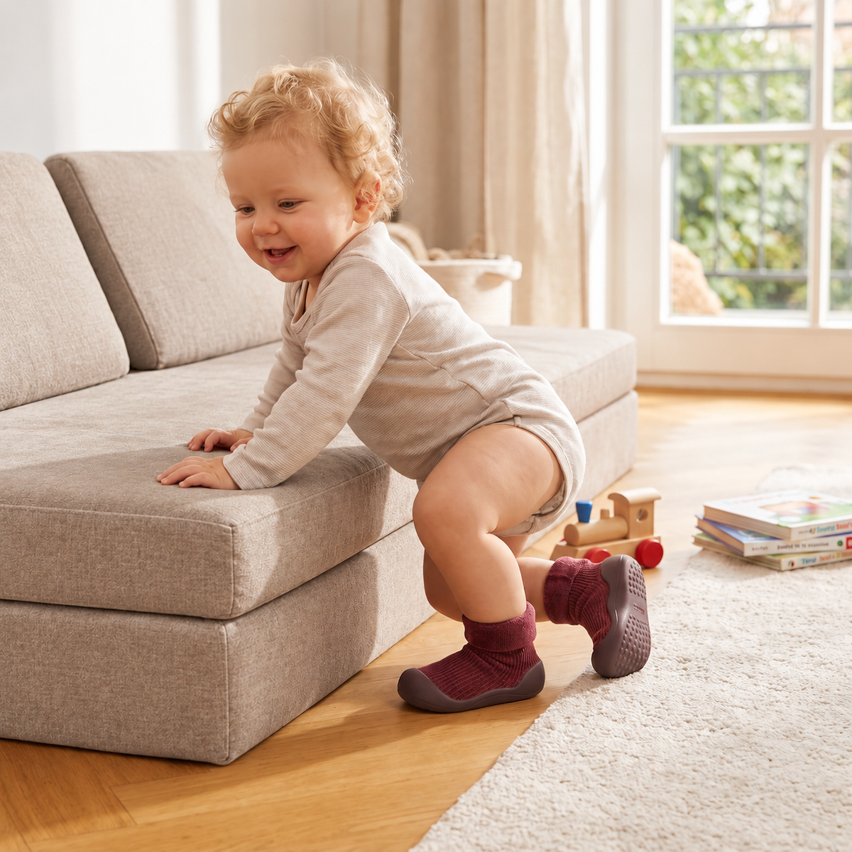 Warme Lauflern-Sockenschuhe für Babys mit weichen rutschfesten Sohlen