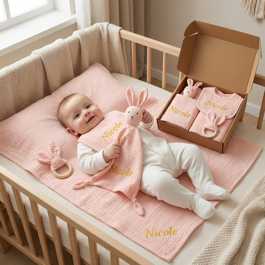 Personalisiertes 4-teiliges Neugeborenen Geschenkset – Musselin, Beißring & Lätzchen (100% Baumwolle)