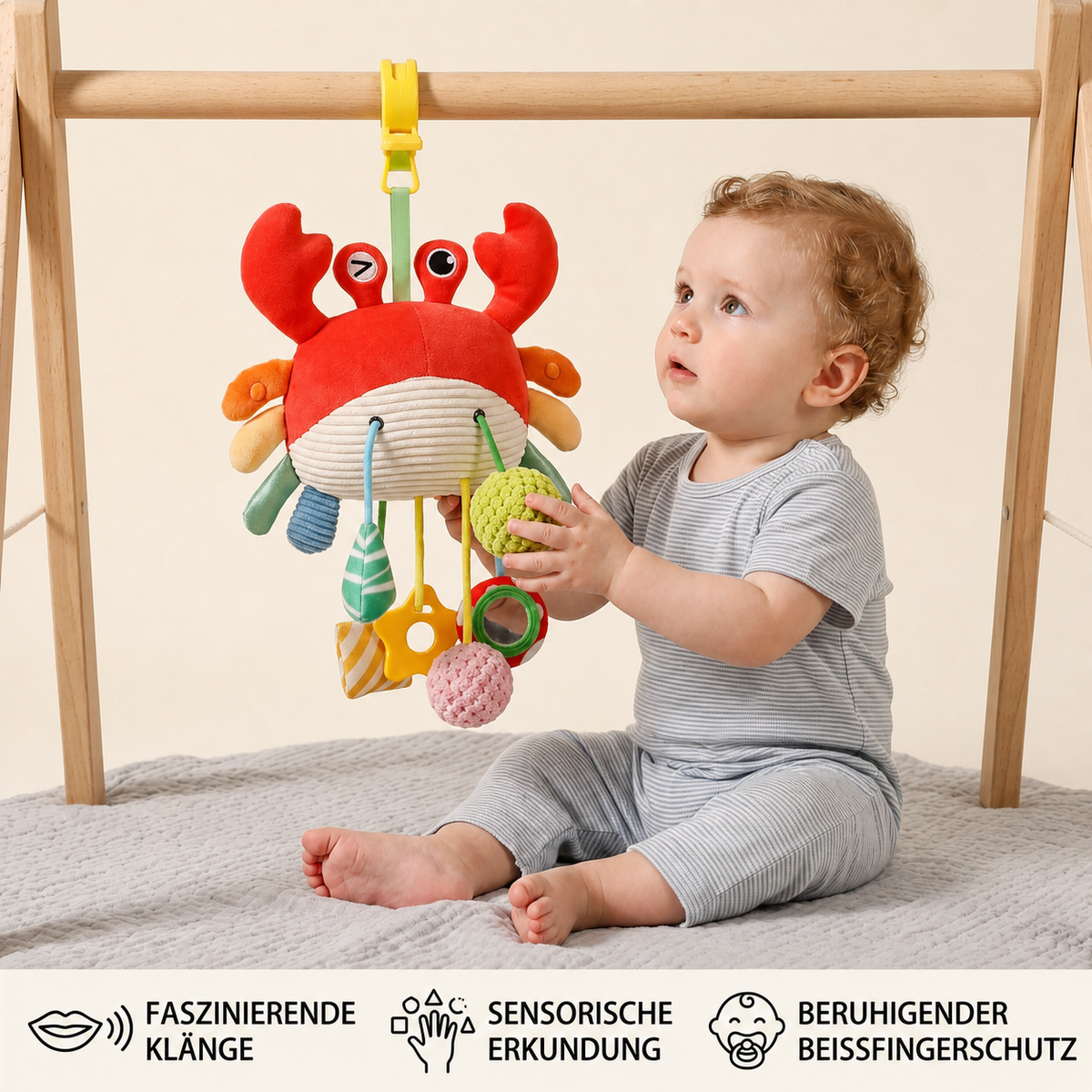Krabben-Aktivitätsspielzeug für Babys mit Zugschnur, Rassel & Beißring