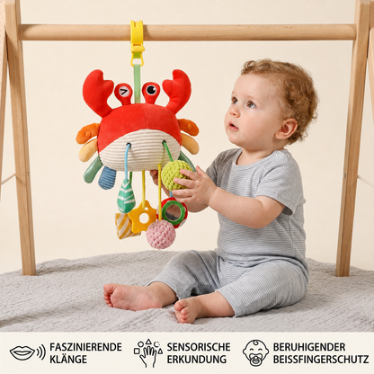 Krabben-Aktivitätsspielzeug für Babys mit Zugschnur, Rassel & Beißring