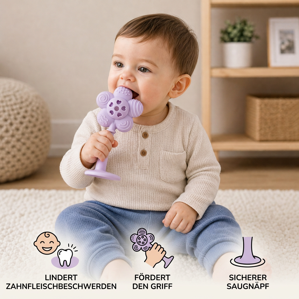 2-in-1 Sonnenblumen-Beißring & Rassel für Babys mit Saugnapfbasis