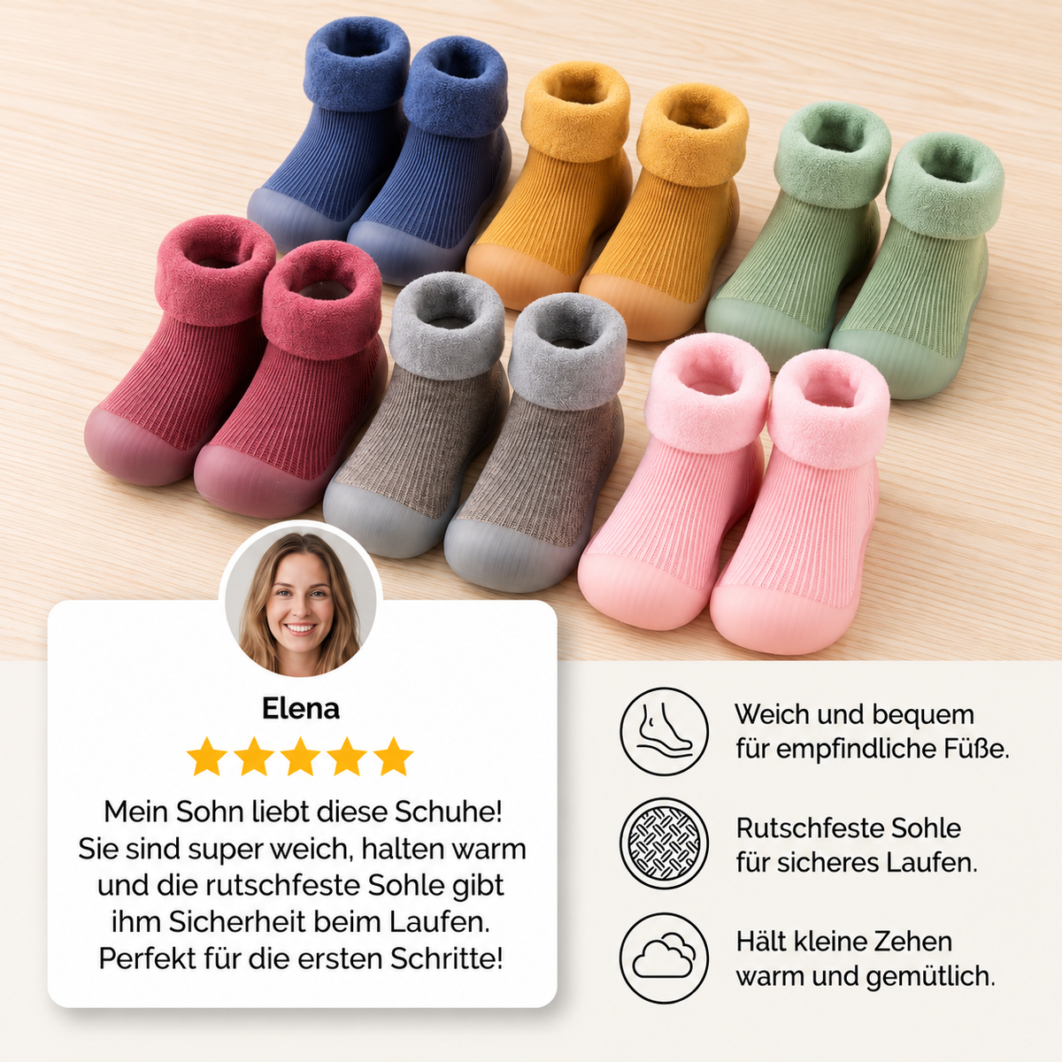 Warme Lauflern-Sockenschuhe für Babys mit weichen rutschfesten Sohlen