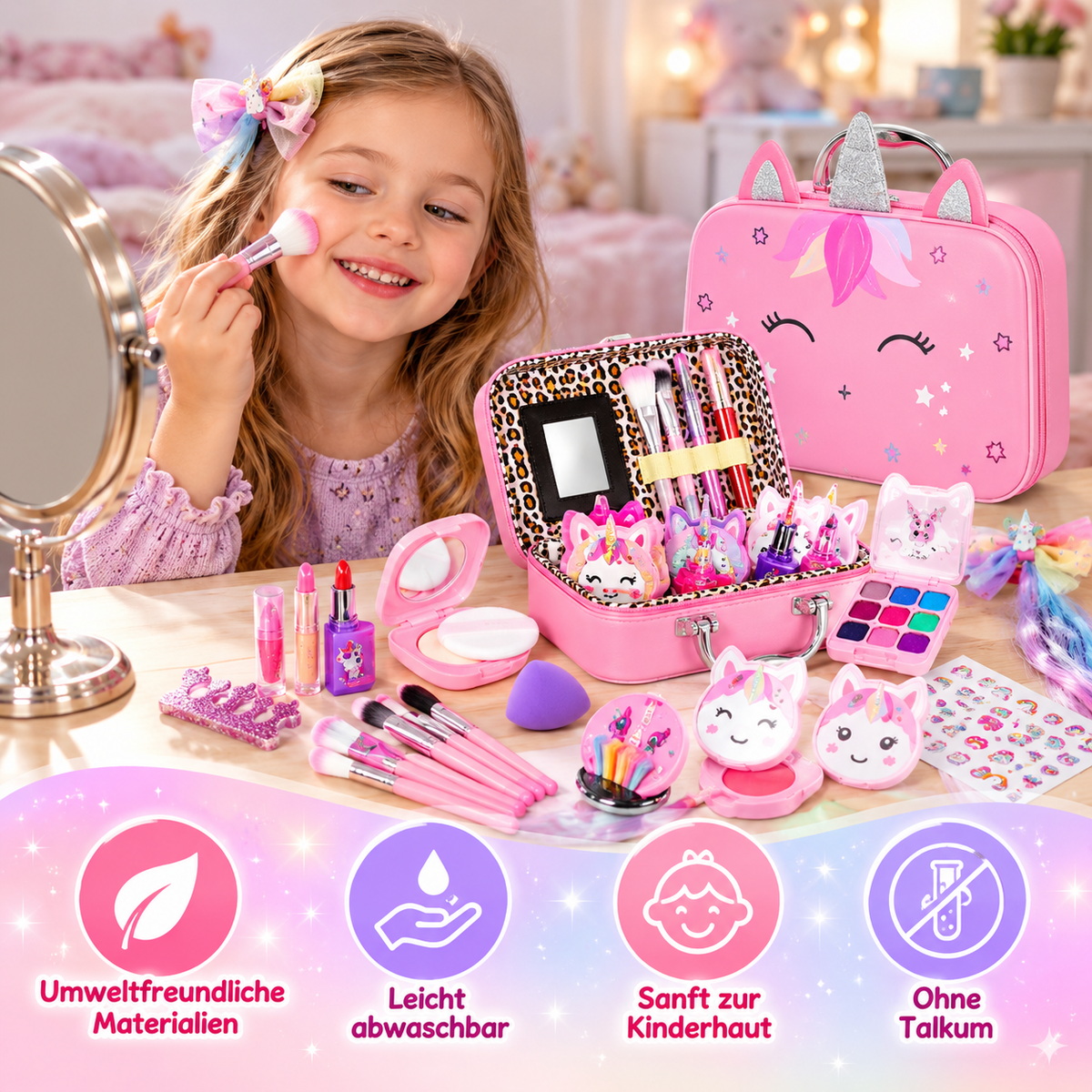 Umweltfreundliches & leicht abwaschbares Prinzessinnen-Make-up-Set für Kinder mit Kosmetiktasche