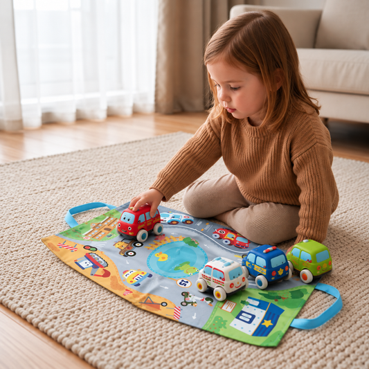 Weiches Plüsch-Rückziehauto-Set mit 2-in-1 Spielmatte & Aufbewahrungstasche