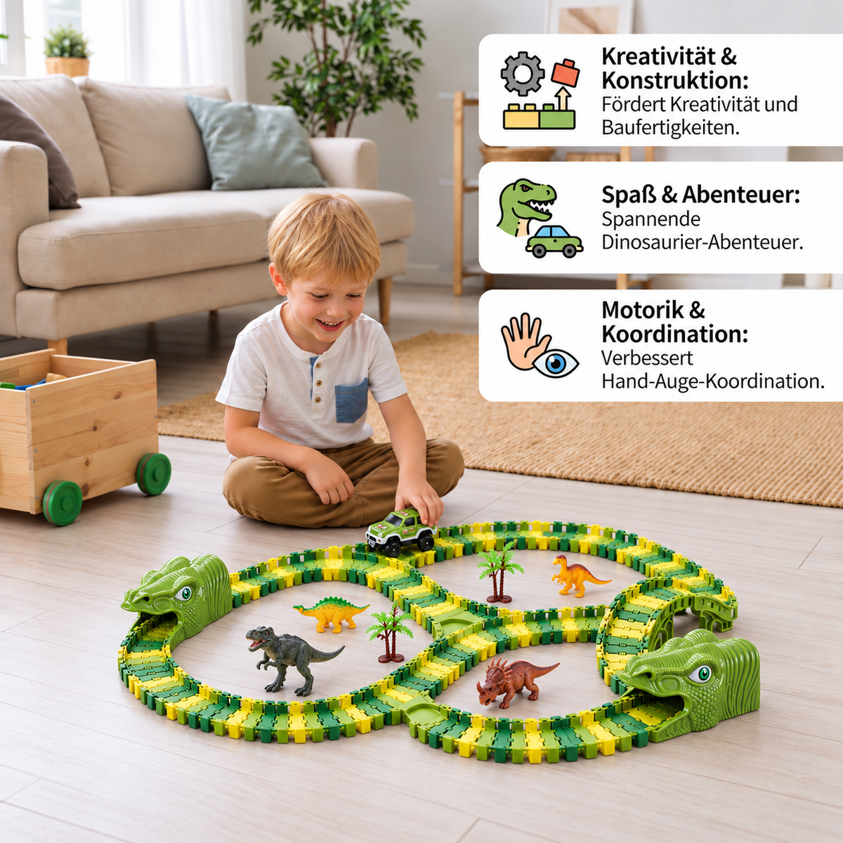 215-teiliges Dinosaurier-Rennstrecken-Set mit motorisierten Autos, Brücke & Dinosaurierfiguren