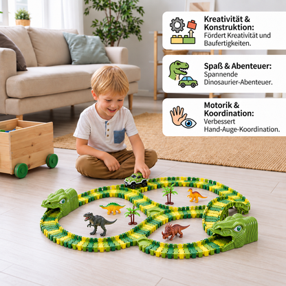 215-teiliges Dinosaurier-Rennstrecken-Set mit motorisierten Autos, Brücke & Dinosaurierfiguren