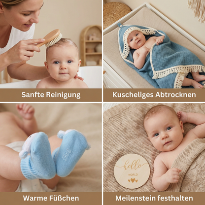 Baby Pflege Geschenkbox – Handtuch, Socken oder Haarband & Badebürste für Neugeborene