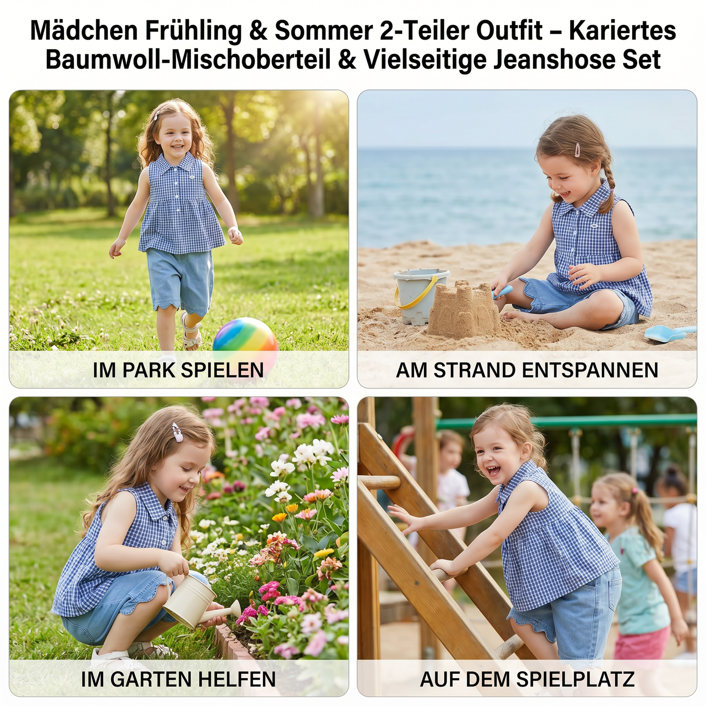 Frühlings- & Sommerliches 2-teiliges Mädchen-Set – Kariertes Top aus Baumwollmix mit vielseitiger Jeanshose