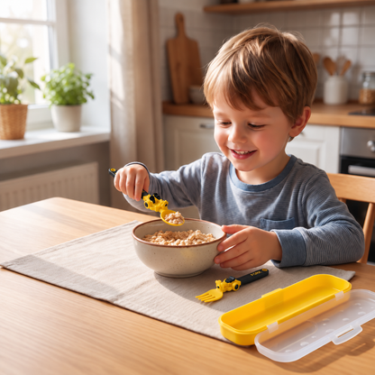3-teiliges Kinder-Besteckset im Baufahrzeug-Design mit Löffel Gabel & Reiseetui
