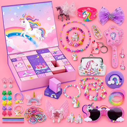 24-Tage-Einhorn-Adventskalender mit Haaraccessoires, Stickern & Überraschungsgeschenken