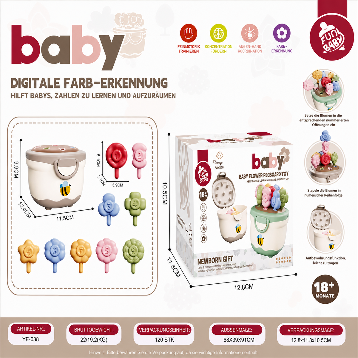 Montessori-Lernspiel mit Blumentopf zum Zuordnen von Farben & Zahlen