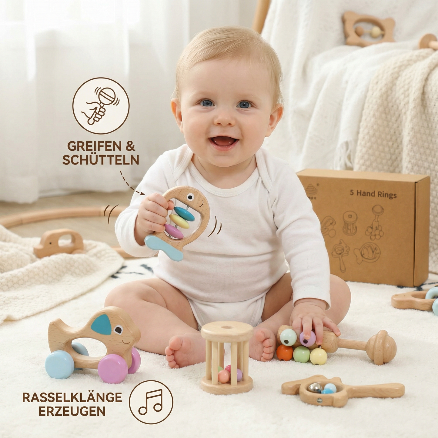 Baby Geschenkset aus Holz – Rassel- & Musikspielzeug für Neugeborene