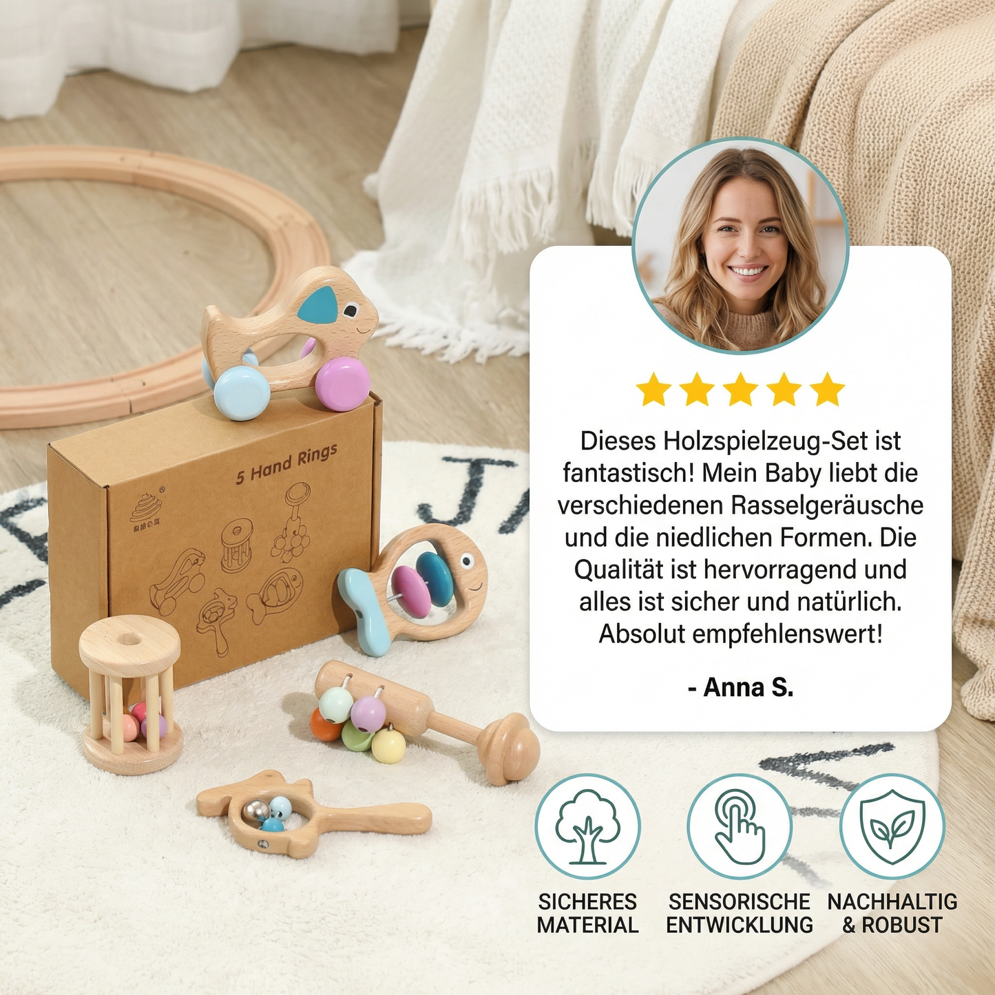 Baby Geschenkset aus Holz – Rassel- & Musikspielzeug für Neugeborene
